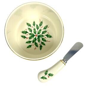 Lenox Holiday Dimension Holly Berries Gold Rim 4.75" Dip Bowl with Spreader!